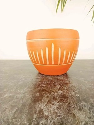 Hakay Dik Çizgi Desenli 15 cm Terrakota Saksı