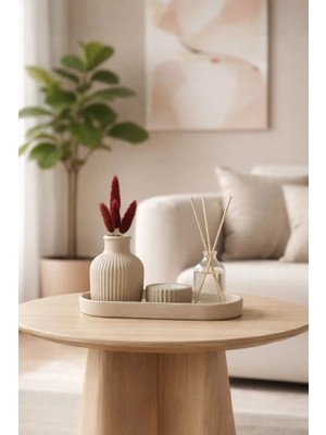 Rivashé 4lü Set Bej Vazo + Mumluk + 50ML Mandalina Oda Kokusu + Oval Tepsi + Bambu + Pamuk Otu