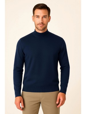 Marsilyan Yarım Boğaz Triko Kazak Yumuşak Dokulu Pamuklu Ince Dokuma, Uzun Kollu Rahat Regular Kalıp - Lacivert