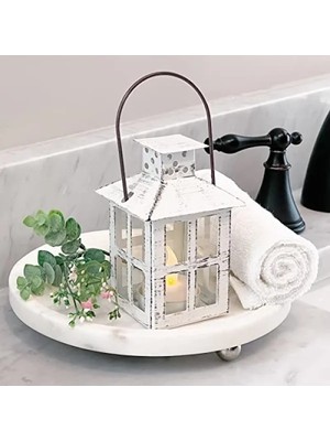 Hakay Vintage Beyaz Eskitilmiş Küçük Fener - Demir Malzeme