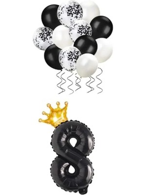 Hakay Siyah Folyo Balon Seti - 8 Rakam ve Kral Tacı