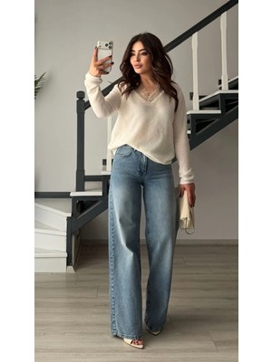 Elisin Koyu Mavi Yıkamalı Kemerli Wide Leg Jean