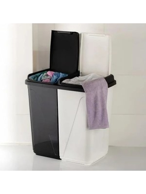 Hakay 90 Litre Kapasiteli Iki Bölmeli Çamaşır Sepeti - Siyah Beyaz