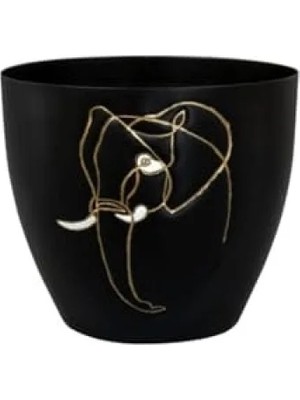 Hakay Siyah Metal Saksı Fil Desenli 13 cm Çapında