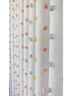 Ervin Tül Perde Aria Yeni Sezon Renkli Ponpon Pufy Keten Tül Kırışmaz Çocuk Odası 1/2,5 Pile