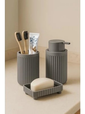 Hakay Gri 3 Parça Banyo Seti - Oval Akrilik Sabunluk, Fırçalık ve Sıvı Sabunluk