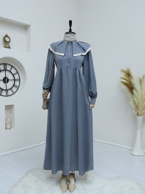 Moda Morfo Önlük Yaka Büzgülü Yarım Düğme Keten Elbise  -Gri