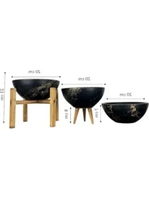Hakay Siyah Gold Mermer Efektli Üçlü Toprak Saksı Seti - 20 cm Çap