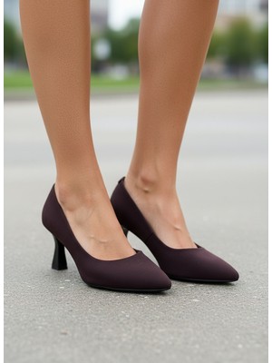 KAFKASLAR AYAKKABI Kısa 5 cm Kadeh Topuklu Kahverengi Saten Stiletto Bayan Klasik Ayakkabı