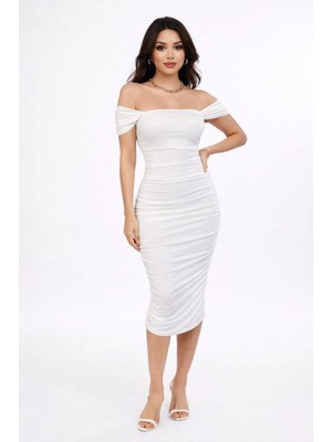 Marsilyan Kadın Madonna Yaka Drapeli Midi Elbise Likralı Vücuda Oturan Davet Elbisesi - Beyaz