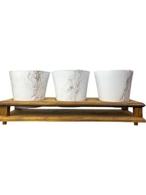 Hakay Beyaz Gold Mermer Efektli Üçlü Ahşap Tabanlı Saksı Seti