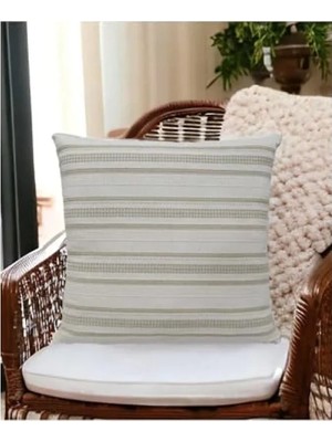 Hakay %100 Pamuklu Bohem Tasarım Kırlent Kılıfı 45X45 cm Krem Bej-Yeşil