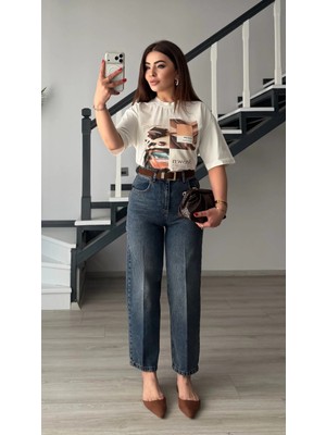 Elisin Koyu Mavi Süet Kemerli Skater Jean