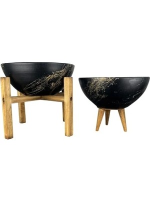 Hakay Siyah Gold Mermer Efektli 3-4 Ayaklı Toprak Saksı Ikili Set - 20 cm Çap