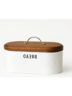 Hakay Ahşap Kapaklı Beyaz Metal Ekmek Kutusu - 33X18X18 cm