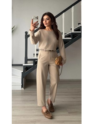 Elisin Taş Dikiş Detaylı Skater Kumaş Pantolon