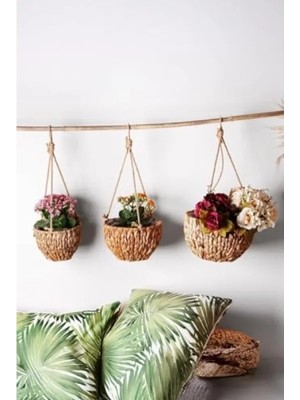 Hakay El Yapımı 3'lü Yuvarlak Hasır Saksılık Seti - Asılabilir