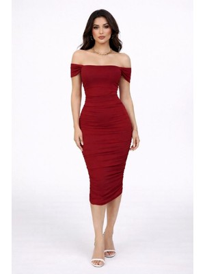 Marsilyan Kadın Madonna Yaka Drapeli Midi Elbise Likralı Vücuda Oturan Davet Elbisesi - Bordo