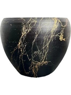 Hakay Siyah Üzeri Gold Mermer Efektli Toprak Saksı - 15 cm - Şık Tasarım