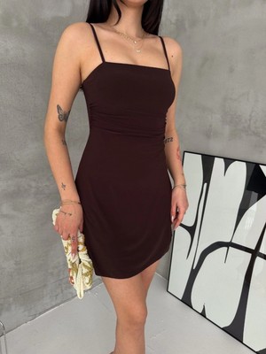 Marsilyan Kadın Askılı Şifon Mini Elbise Drapeli Bel Vücuda Oturan Yazlık Şık - Kahverengi