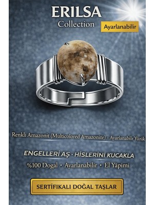 Erilsa Sertifikalı Renkli Amazonit Doğal Taş Ayarlanabilir Yüzük – Enerji ve Denge Taşı El Yapımı