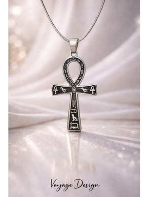 Voyage Accessory Siyah Gümüş Renk Paslanmaz Çelik Antik Mısır Yaşam Anahtarı Minimal Ankh Kolye