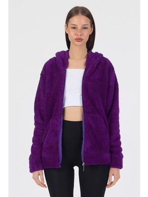 Segnante Kadın Kapüşonlu Fermuarlı Welsoft Yumuşak Kumaş Mor Peluş Polar
