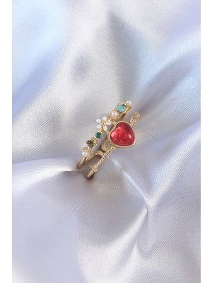 Clariss Üreticiniz Gold Renk Kırmızı Zirkon Taş Kalp Model Pirinç Kadın Yüzük YN1348