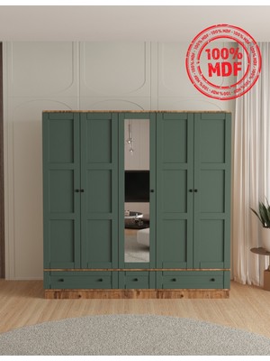 T&B Toprak 5 Kapaklı Çekmeceli Bazalı Gardırop - Tamamı Mdf