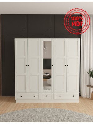 T&B Toprak 5 Kapaklı Çekmeceli Bazalı Gardırop - Tamamı Mdf