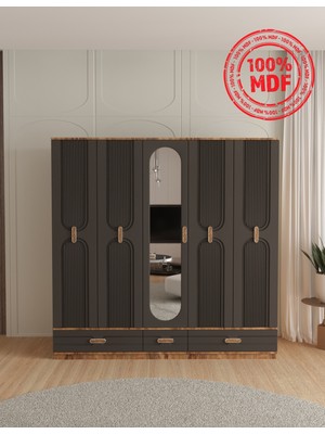 T&B Venüs 5 Kapaklı Çekmeceli Bazalı Gardırop - Tamamı Mdf