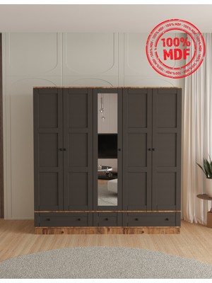 T&B Toprak 5 Kapaklı Çekmeceli Bazalı Gardırop - Tamamı Mdf
