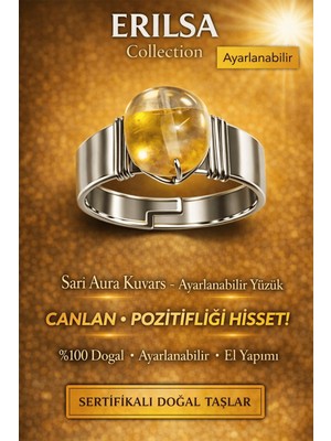 Erilsa Sertifikalı Sarı Aura Kuvars Yüzük Doğal Taş Ayarlanabilir El Yapımı Enerji Taşı