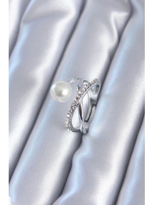 Clariss Üreticiniz Gümüş Renk Zirkon Taşlı Incili Kadın Yüzük YN1348