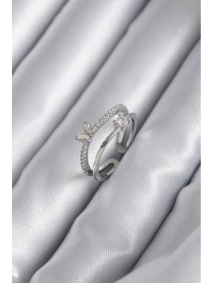 Clariss Üreticiniz Pirinç Gümüş Renk Zirkon Taşlı Kelebek Model Kadın Yüzük YN1348