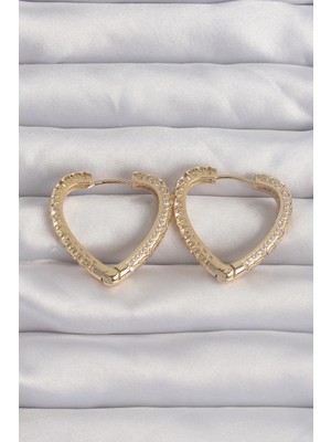 Clariss Üreticiniz Pirinç Gold Renk Zirkon Taşlı Motifli Kalp Küpe YN1348