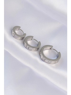 Clariss Üreticiniz 316L Çelik Gümüş Renk Zirkon Taşlı Model 3lü Halka Küpe YN1348