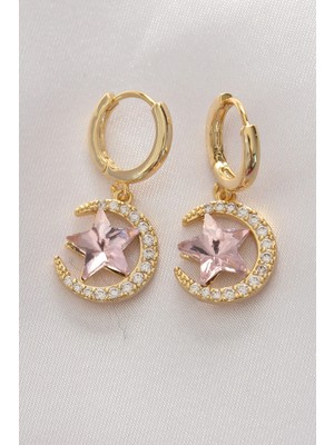 Clariss Üreticiniz Pirinç Gold Renk Pembe Zirkon Taşlı Yıldız Detay Ay Küpe YN1348