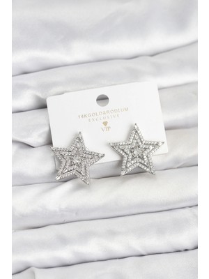 Clariss Üreticiniz Gümüş Renk Pirinç Zirkon Taşlı Yıldız Model Kadın Küpe YN1348