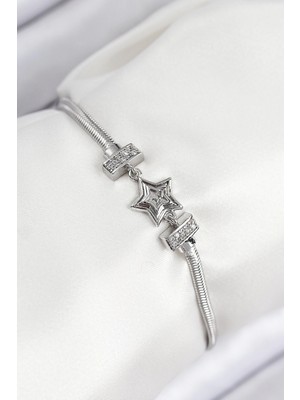 Clariss Üreticiniz Pirinç Zirkon Taşlı Yıldız Model Gümüş Renk Kadın Bileklik YN1348