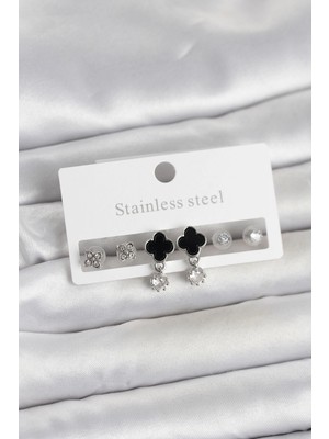 Clariss Üreticiniz 316L Çelik Gümüş Renk Yonca Detaylı Kadın Küpe Seti YN1348