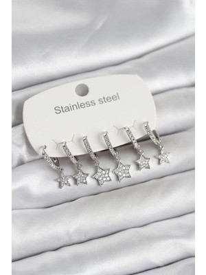 Clariss Üreticiniz 316L Çelik Gümüş Renk 6'lı Set Yıldız Model Kadın Küpe YN1348