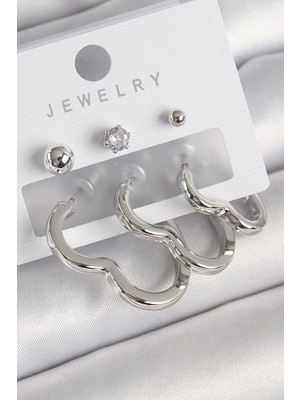 Clariss Üreticiniz Pirinç Gümüş Renk Kalp Model Zirkon Taş Topçuk Detay Kadın Küpe Seti YN1348