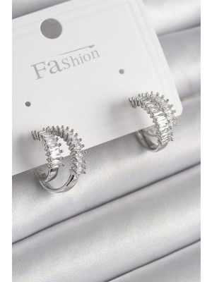 Clariss Üreticiniz Pirinç Gümüş Renk 2'li Zirkon Taşlı Halka Model Kadın Küpe YN1348