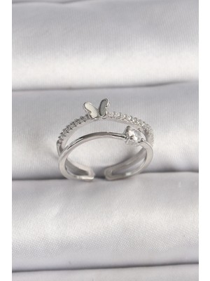 Clariss Üreticiniz Pirinç Gümüş Renk Zirkon Taşlı Kelebek Figürlü Ayarlanabilir Yüzük YN1348