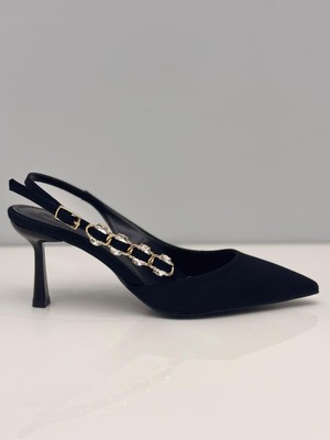 Feles Kadın Siyah Nubuk Arkası Açık Ince Topuklu Stiletto Taş Detaylı - 7 cm Topuk - Podeia Estilo