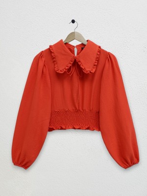 Moda Morfo Beli Lastikli Bebe Yaka Uzun Kol Bluz -Nar Çiçeği