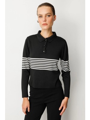 Accort Polo Yaka Çizgi Desen Triko Kazak-Siyah