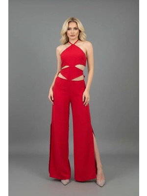 Khi-Zai Kadın Ithal Keten Kumaş Gizli Fermuarlı Yırtmaç ve Sırt Dekolteli Maxi Boy Tasarım Tulum