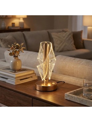 By Nevser® Çapraz Kavisli Ters Kristal Simli LED Masa Lambası – Gold Gövdeli, Dokunmatik, 3 Kademe Işık Ayarlı Şarjlı Dekoratif Lamba